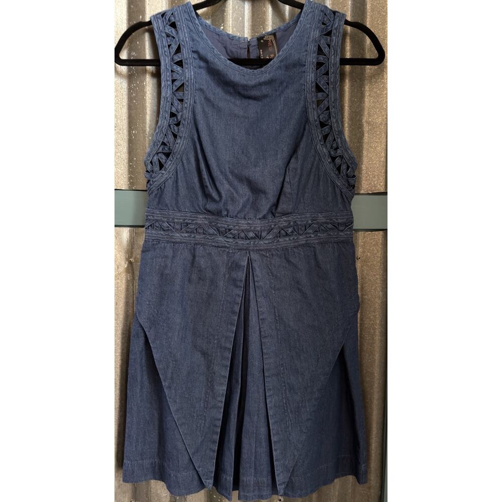 Free People New Romantics Highland Lattice Denim Mini Dress Size 4 Preppy Summer